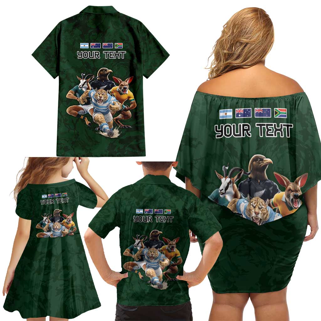 Custom Rugby Southern Hemisphere Family Matching Off Shoulder Short Dress and Hawaiian Shirt Argentina AUNZ South Africa Mascot Green LT9 - Polynesian Pride