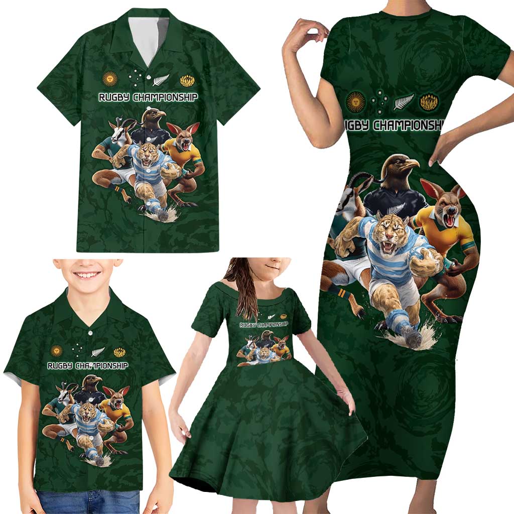 Custom Rugby Southern Hemisphere Family Matching Short Sleeve Bodycon Dress and Hawaiian Shirt Argentina AUNZ South Africa Mascot Green LT9 - Polynesian Pride