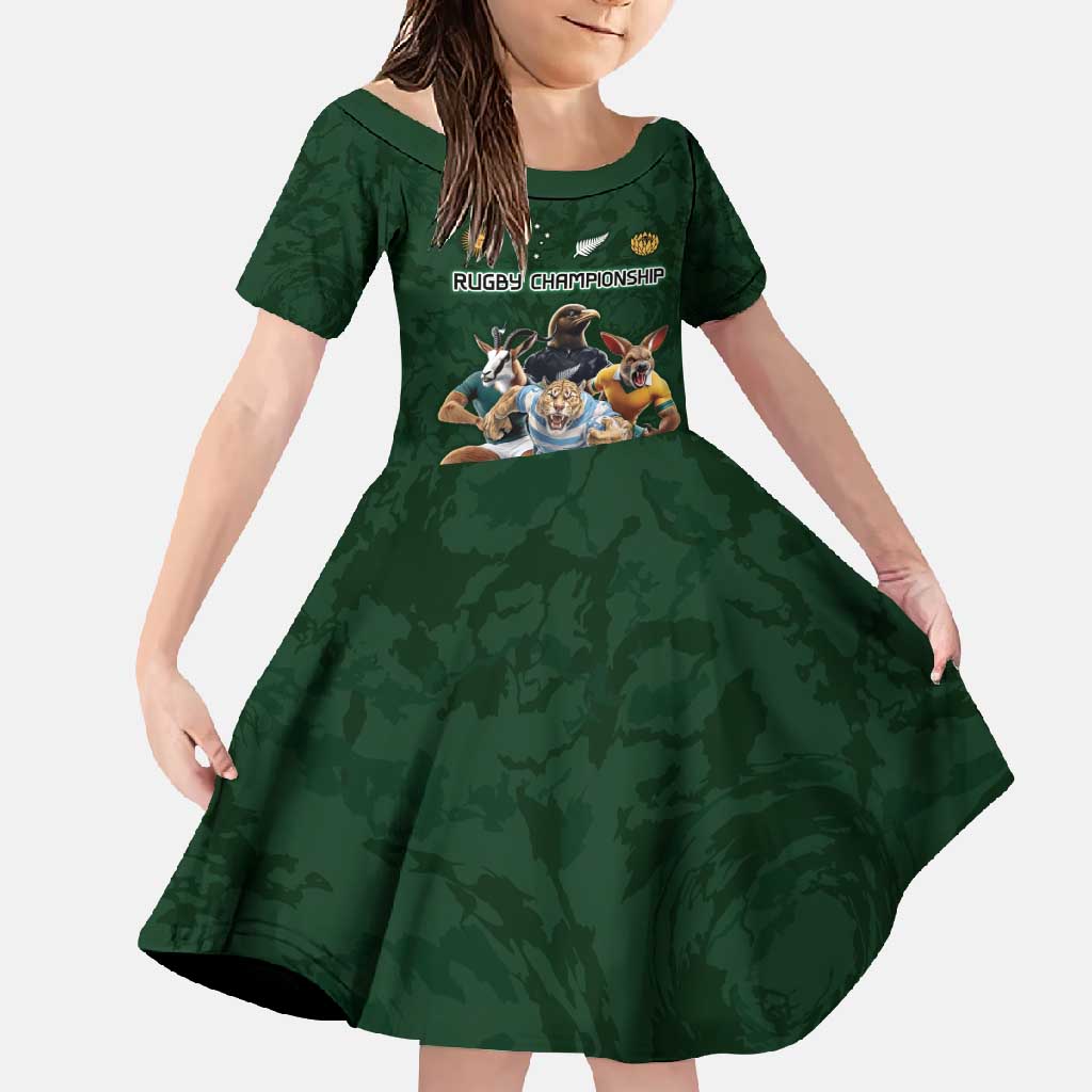 Custom Rugby Southern Hemisphere Family Matching Summer Maxi Dress and Hawaiian Shirt Argentina AUNZ South Africa Mascot Green LT9 Daughter's Dress Green - Polynesian Pride