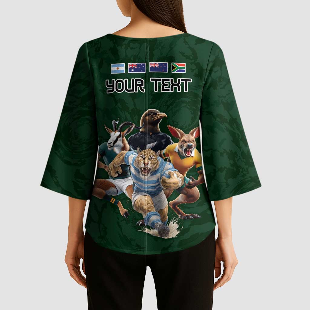 Custom Rugby Southern Hemisphere Kimono Sleeve Blouse Argentina AUNZ South Africa Mascot Green LT9 - Polynesian Pride