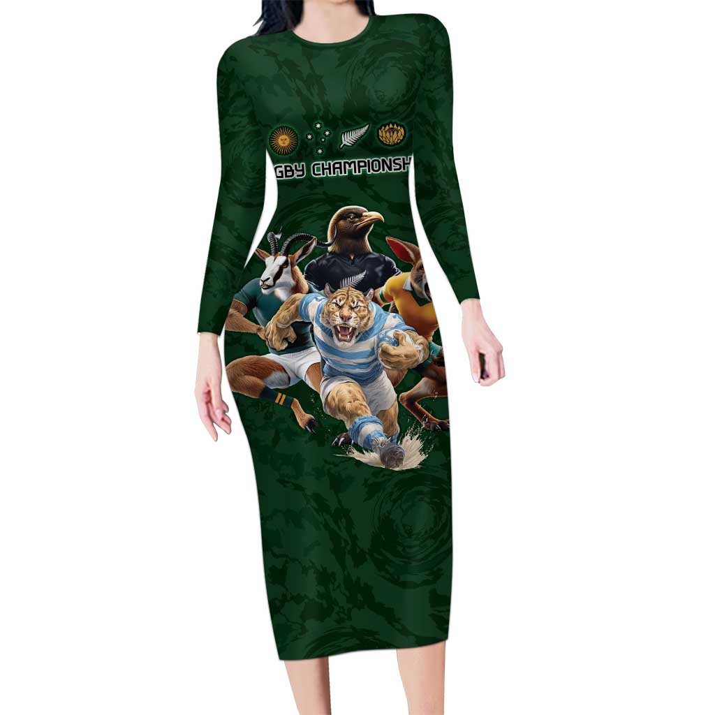 Custom Rugby Southern Hemisphere Long Sleeve Bodycon Dress Argentina AUNZ South Africa Mascot Green LT9 Long Dress Green - Polynesian Pride