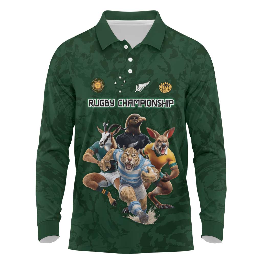 Custom Rugby Southern Hemisphere Long Sleeve Polo Shirt Argentina AUNZ South Africa Mascot Green LT9 Green - Polynesian Pride