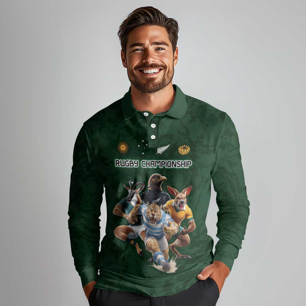 Custom Rugby Southern Hemisphere Long Sleeve Polo Shirt Argentina AUNZ South Africa Mascot Green LT9 - Polynesian Pride