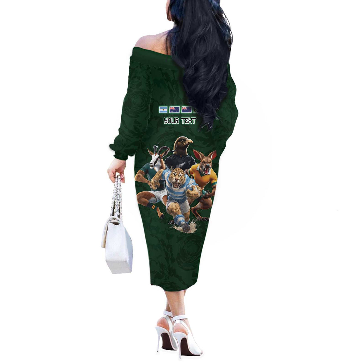 Custom Rugby Southern Hemisphere Off The Shoulder Long Sleeve Dress Argentina AUNZ South Africa Mascot Green LT9 - Polynesian Pride