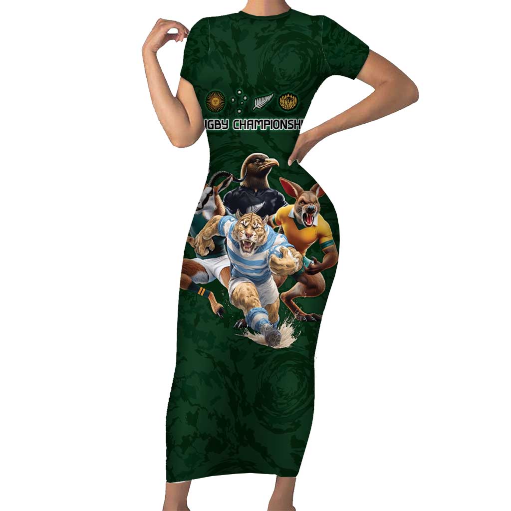 Custom Rugby Southern Hemisphere Short Sleeve Bodycon Dress Argentina AUNZ South Africa Mascot Green LT9 Long Dress Green - Polynesian Pride