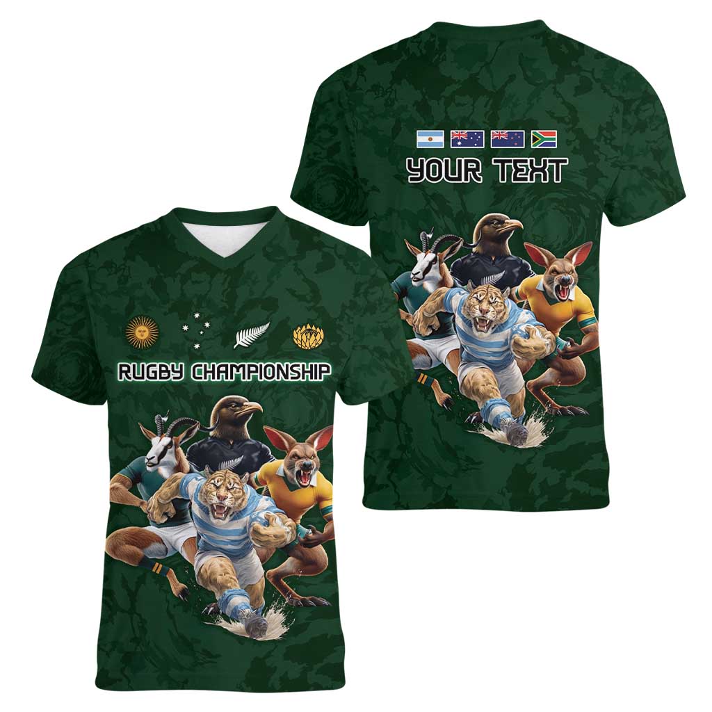 Custom Rugby Southern Hemisphere Women V-Neck T-Shirt Argentina AUNZ South Africa Mascot Green LT9 - Polynesian Pride