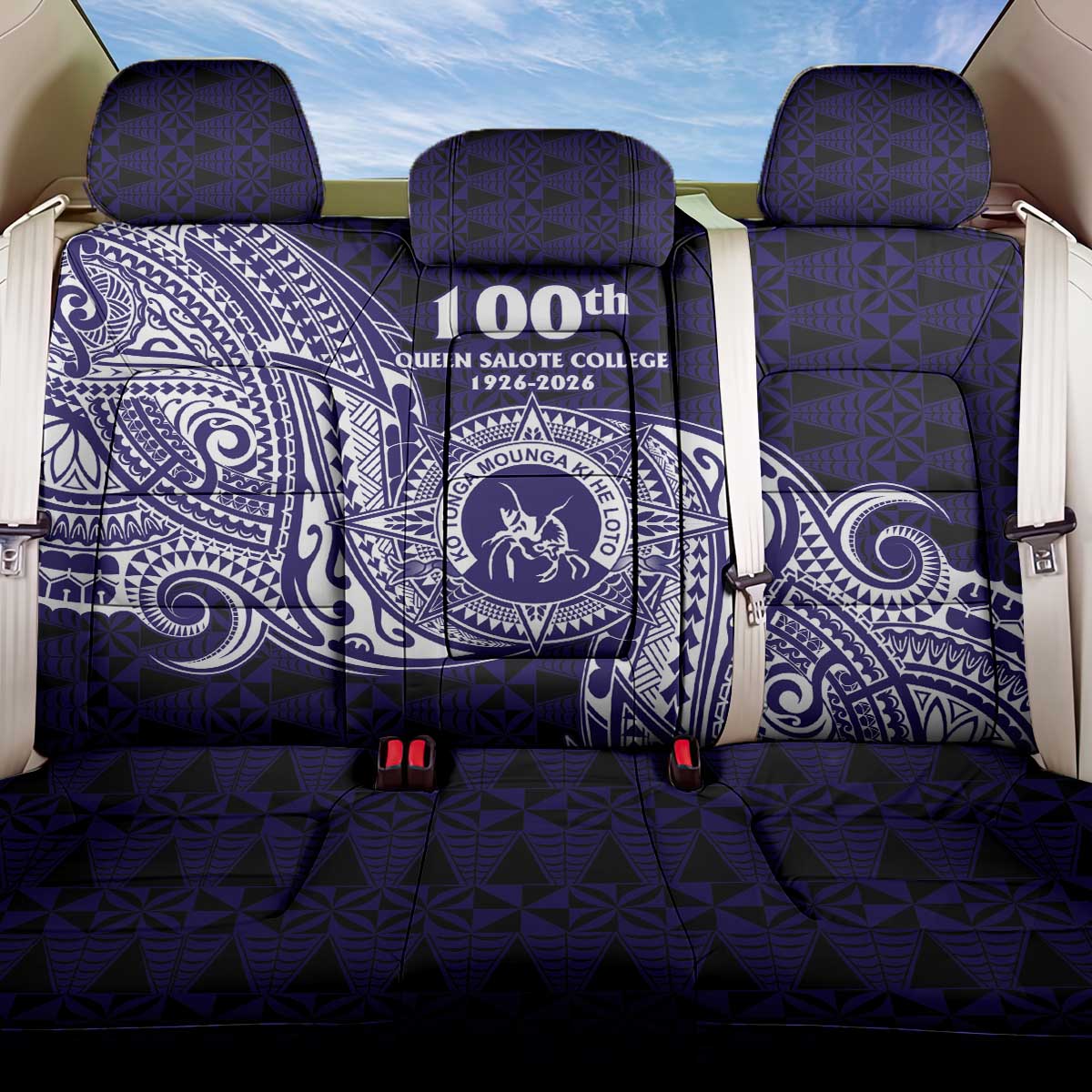 Tonga Queen Salote College 100th Years Back Car Seat Cover Est 1926 Tongan Ngatu Tapa LT9 One Size Blue - Polynesian Pride