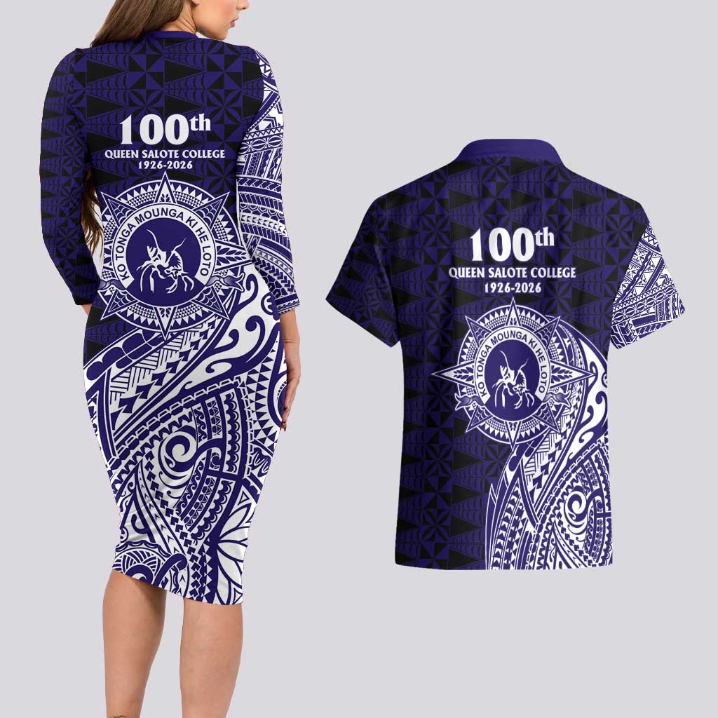 Tonga Queen Salote College 100th Years Couples Matching Long Sleeve Bodycon Dress and Hawaiian Shirt Est 1926 Tongan Ngatu Tapa LT9 - Polynesian Pride