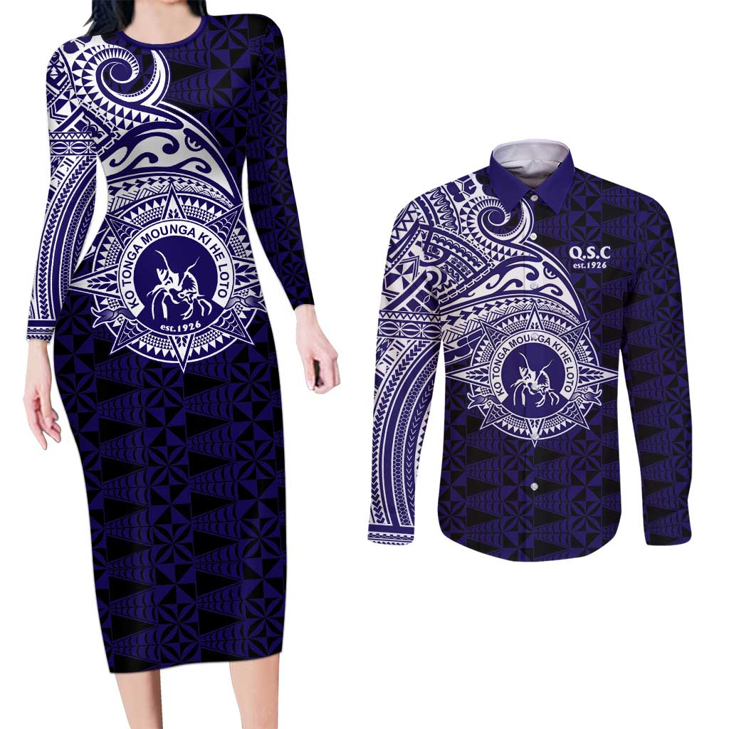 Tonga Queen Salote College 100th Years Couples Matching Long Sleeve Bodycon Dress and Long Sleeve Button Shirt Est 1926 Tongan Ngatu Tapa LT9 Blue - Polynesian Pride