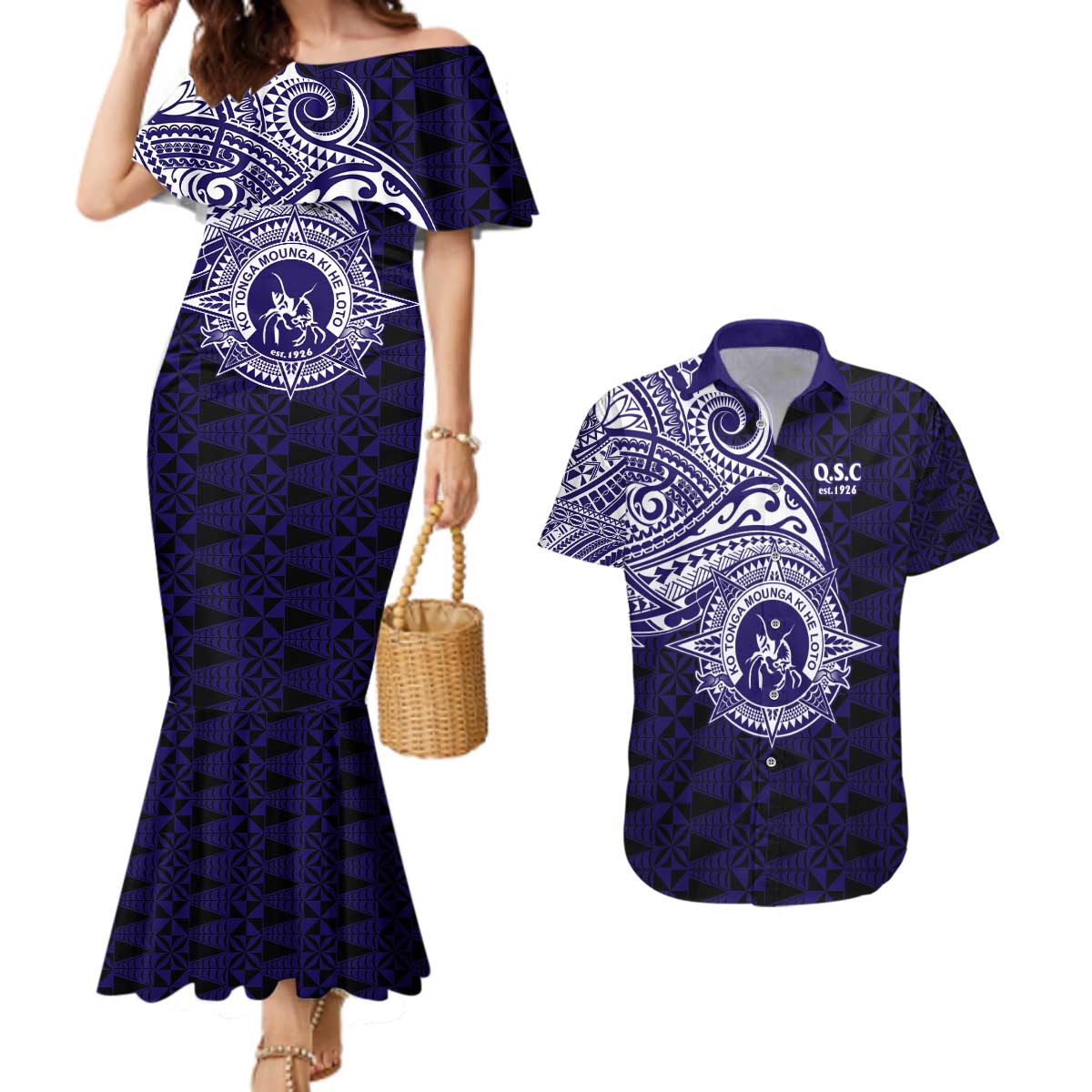 Tonga Queen Salote College 100th Years Couples Matching Mermaid Dress and Hawaiian Shirt Est 1926 Tongan Ngatu Tapa LT9 Blue - Polynesian Pride