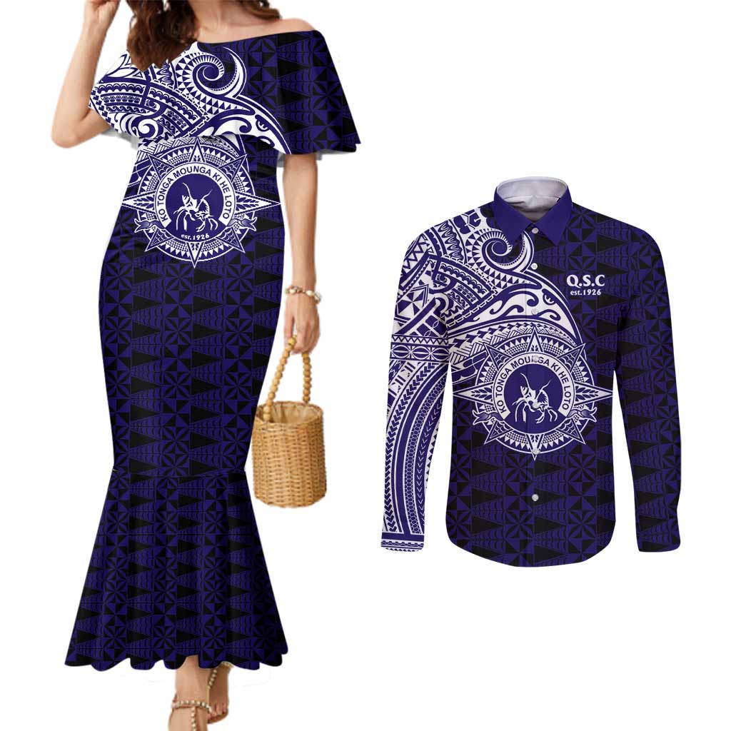 Tonga Queen Salote College 100th Years Couples Matching Mermaid Dress and Long Sleeve Button Shirt Est 1926 Tongan Ngatu Tapa LT9 Blue - Polynesian Pride
