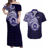 Tonga Queen Salote College 100th Years Couples Matching Off Shoulder Maxi Dress and Hawaiian Shirt Est 1926 Tongan Ngatu Tapa LT9 Blue - Polynesian Pride