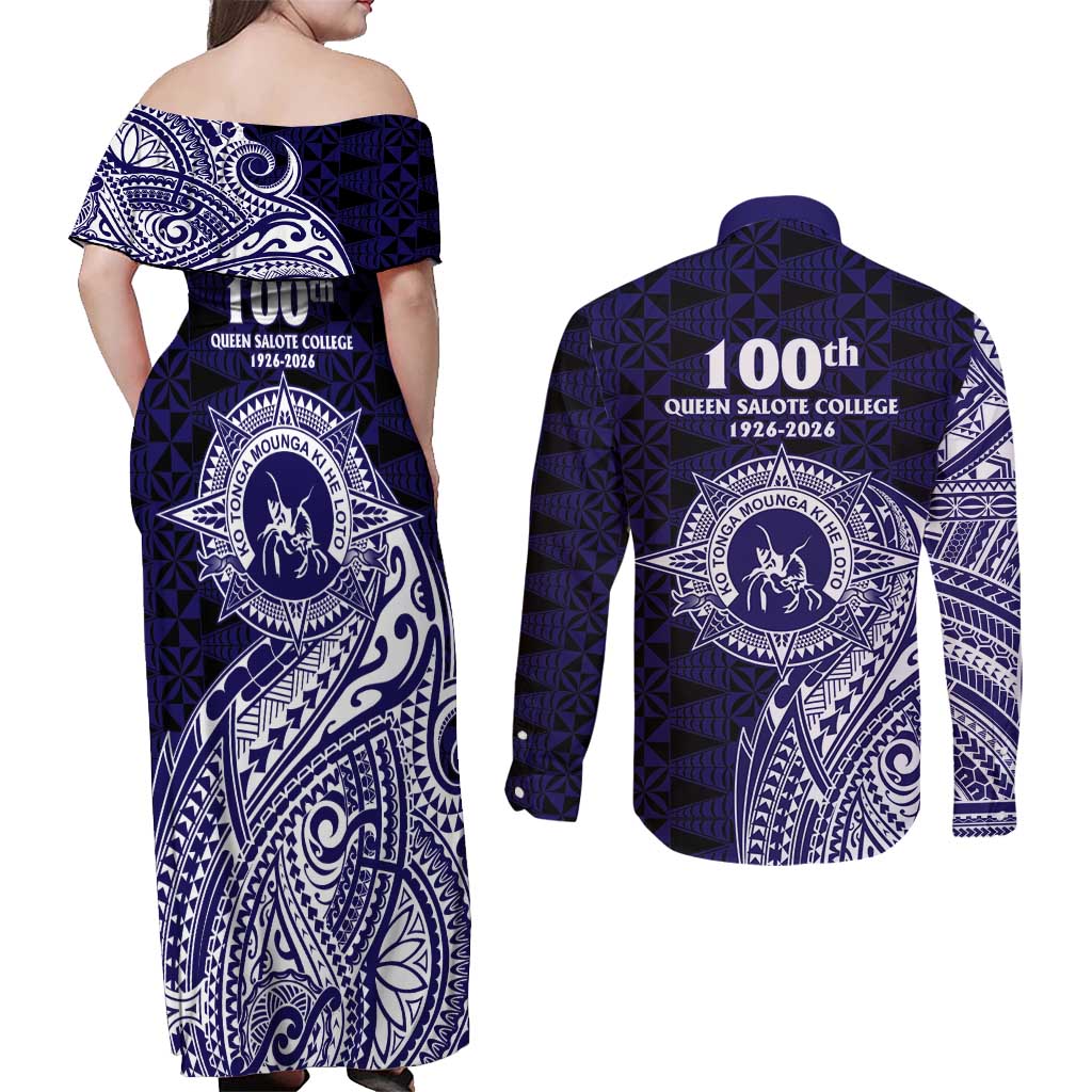 Tonga Queen Salote College 100th Years Couples Matching Off Shoulder Maxi Dress and Long Sleeve Button Shirt Est 1926 Tongan Ngatu Tapa LT9 - Polynesian Pride