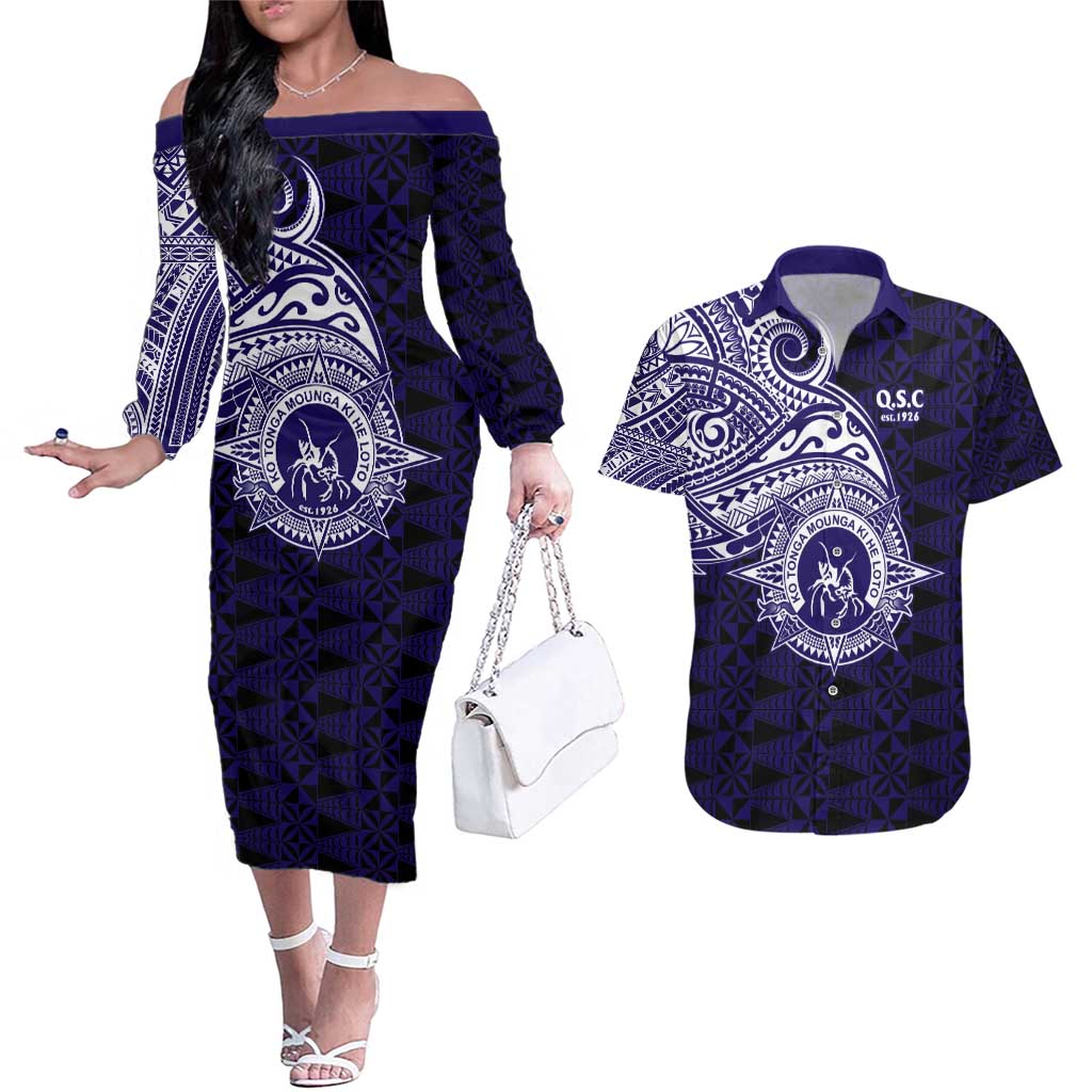Tonga Queen Salote College 100th Years Couples Matching Off The Shoulder Long Sleeve Dress and Hawaiian Shirt Est 1926 Tongan Ngatu Tapa LT9 Blue - Polynesian Pride