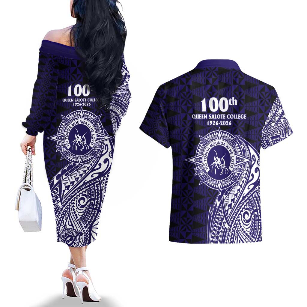 Tonga Queen Salote College 100th Years Couples Matching Off The Shoulder Long Sleeve Dress and Hawaiian Shirt Est 1926 Tongan Ngatu Tapa LT9 - Polynesian Pride