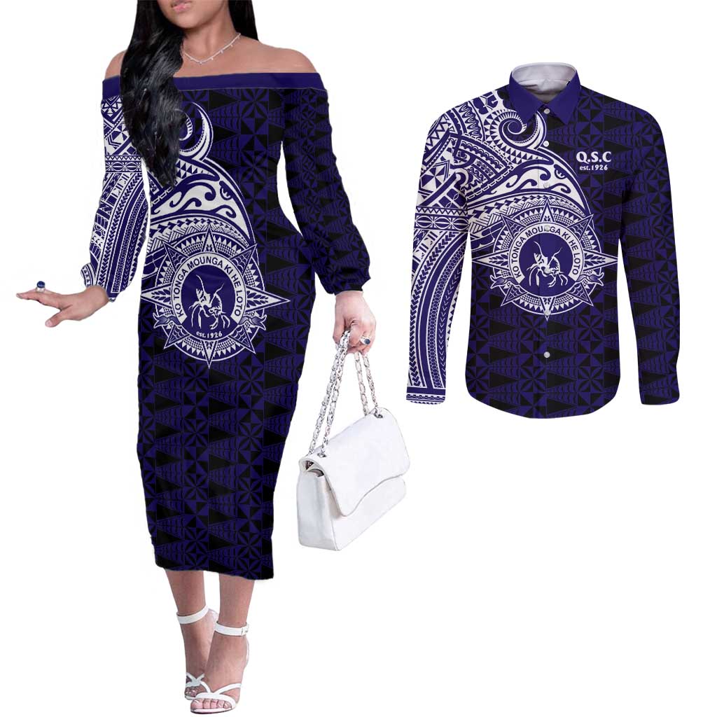 Tonga Queen Salote College 100th Years Couples Matching Off The Shoulder Long Sleeve Dress and Long Sleeve Button Shirt Est 1926 Tongan Ngatu Tapa LT9 Blue - Polynesian Pride