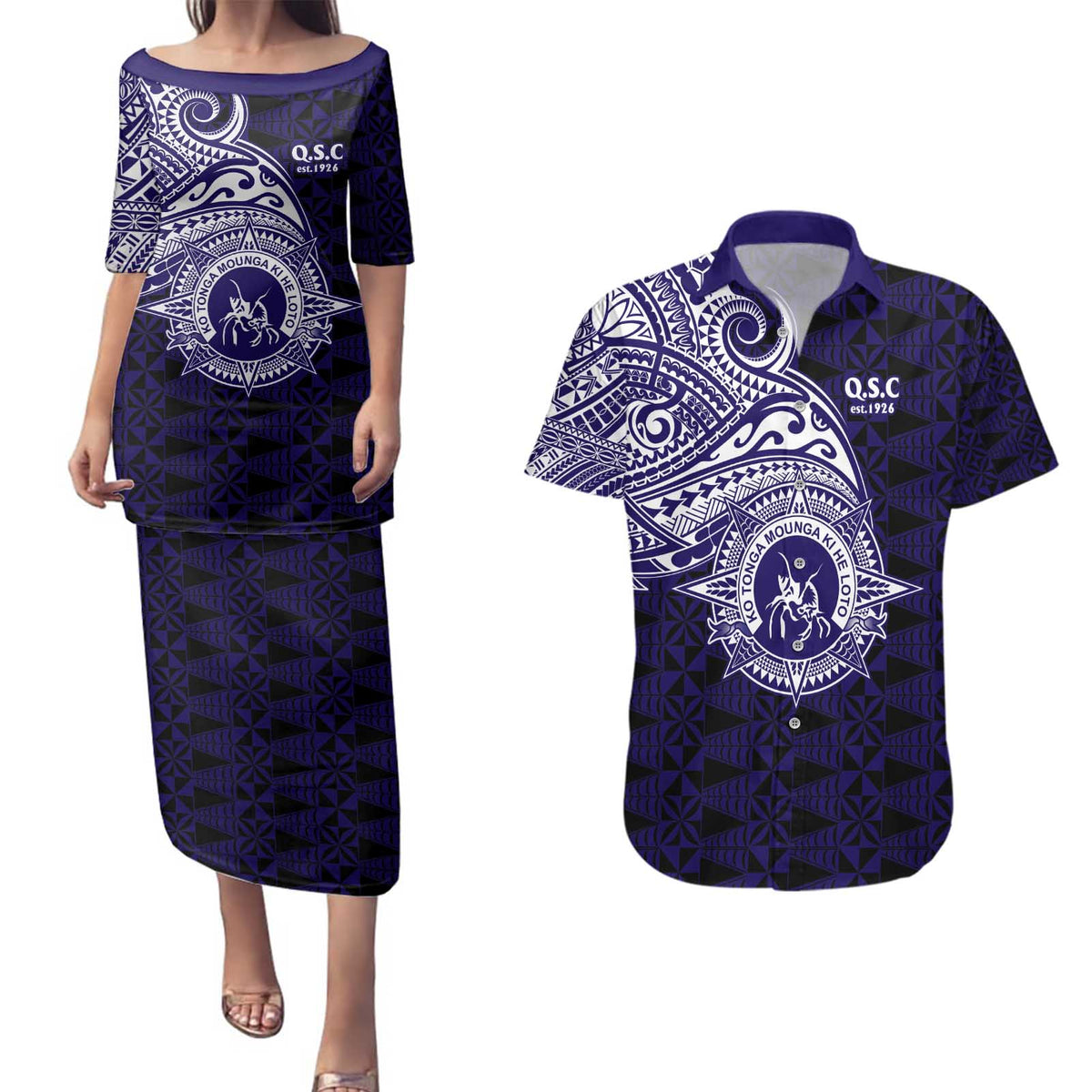 Tonga Queen Salote College 100th Years Couples Matching Puletasi and Hawaiian Shirt Est 1926 Tongan Ngatu Tapa LT9 Blue - Polynesian Pride