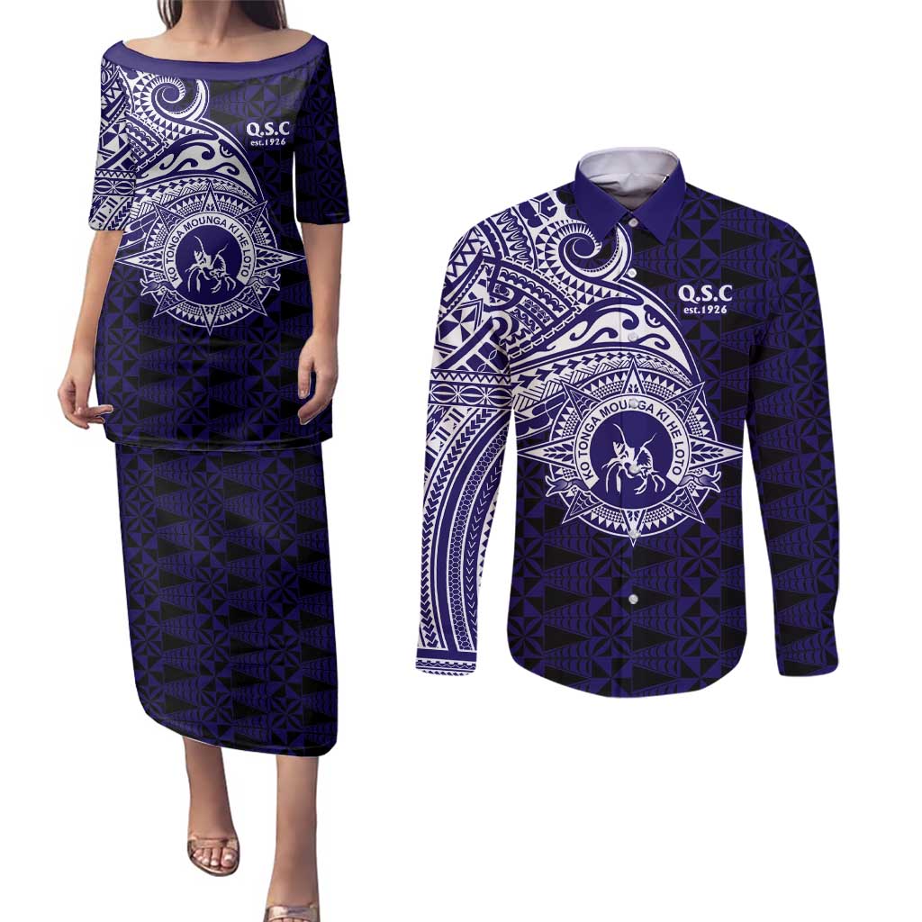 Tonga Queen Salote College 100th Years Couples Matching Puletasi and Long Sleeve Button Shirt Est 1926 Tongan Ngatu Tapa LT9 Blue - Polynesian Pride