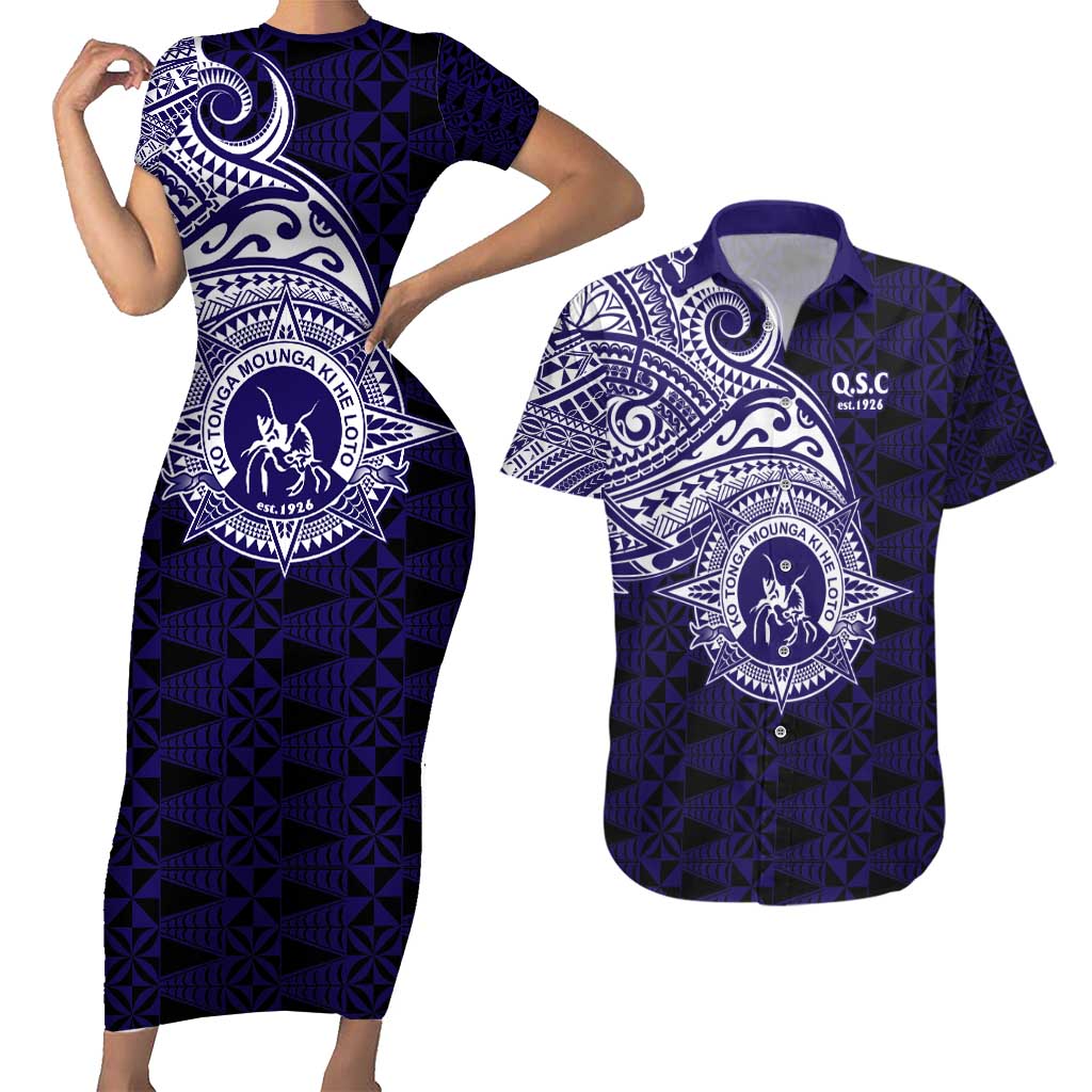 Tonga Queen Salote College 100th Years Couples Matching Short Sleeve Bodycon Dress and Hawaiian Shirt Est 1926 Tongan Ngatu Tapa LT9 Blue - Polynesian Pride