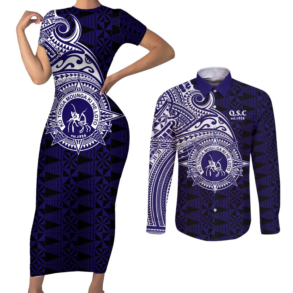 Tonga Queen Salote College 100th Years Couples Matching Short Sleeve Bodycon Dress and Long Sleeve Button Shirt Est 1926 Tongan Ngatu Tapa LT9 Blue - Polynesian Pride