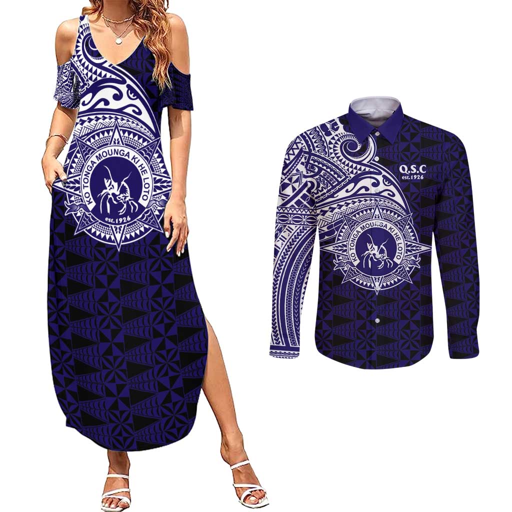 Tonga Queen Salote College 100th Years Couples Matching Summer Maxi Dress and Long Sleeve Button Shirt Est 1926 Tongan Ngatu Tapa LT9 Blue - Polynesian Pride