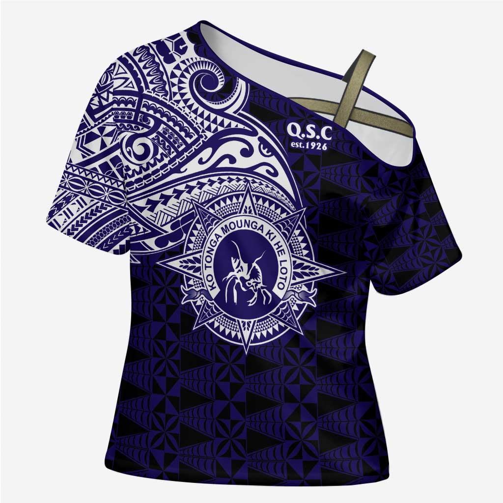 Tonga Queen Salote College 100th Years Cross Shoulder Shirt Est 1926 Tongan Ngatu Tapa LT9 Female Blue - Polynesian Pride