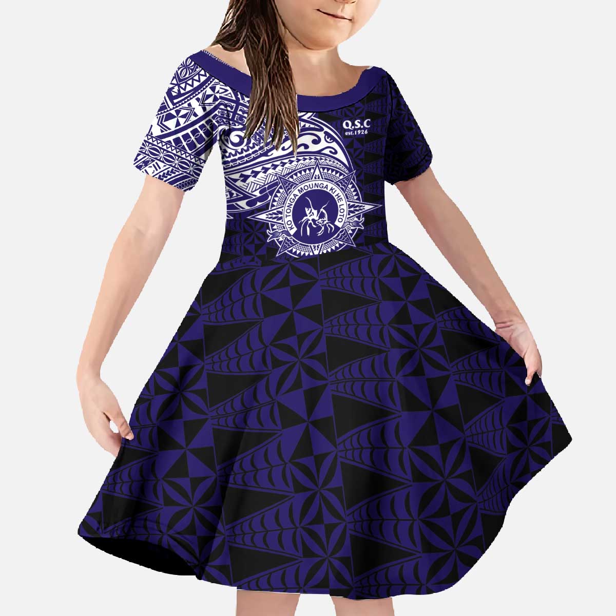 Tonga Queen Salote College 100th Years Family Matching Off The Shoulder Long Sleeve Dress and Hawaiian Shirt Est 1926 Tongan Ngatu Tapa LT9 Daughter's Dress Blue - Polynesian Pride