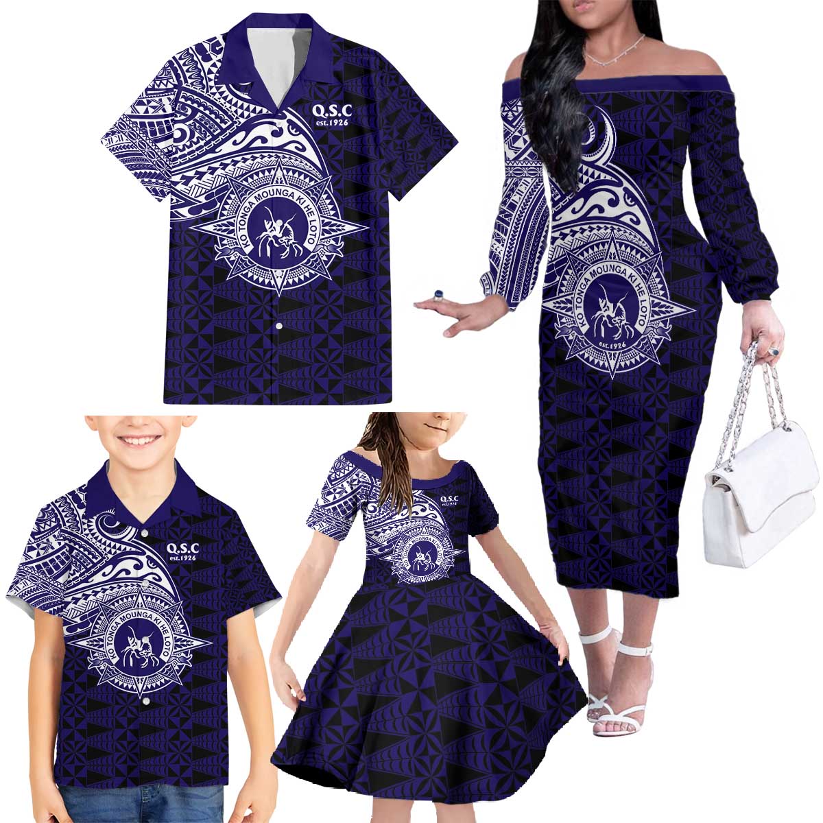 Tonga Queen Salote College 100th Years Family Matching Off The Shoulder Long Sleeve Dress and Hawaiian Shirt Est 1926 Tongan Ngatu Tapa LT9 - Polynesian Pride