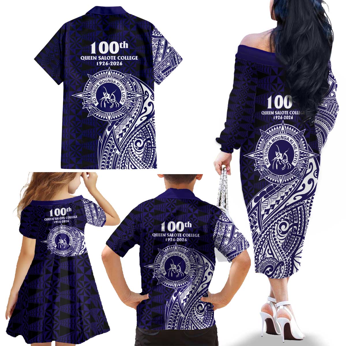 Tonga Queen Salote College 100th Years Family Matching Off The Shoulder Long Sleeve Dress and Hawaiian Shirt Est 1926 Tongan Ngatu Tapa LT9 - Polynesian Pride