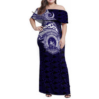 Tonga Queen Salote College 100th Years Family Matching Off Shoulder Maxi Dress and Hawaiian Shirt Est 1926 Tongan Ngatu Tapa LT9 Mom's Dress Blue - Polynesian Pride