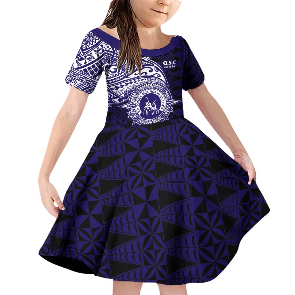 Tonga Queen Salote College 100th Years Family Matching Off Shoulder Short Dress and Hawaiian Shirt Est 1926 Tongan Ngatu Tapa LT9 Daughter's Dress Blue - Polynesian Pride