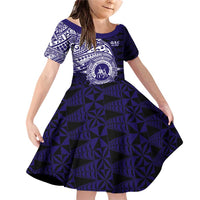 Tonga Queen Salote College 100th Years Family Matching Off Shoulder Short Dress and Hawaiian Shirt Est 1926 Tongan Ngatu Tapa LT9 Daughter's Dress Blue - Polynesian Pride