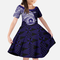 Tonga Queen Salote College 100th Years Family Matching Short Sleeve Bodycon Dress and Hawaiian Shirt Est 1926 Tongan Ngatu Tapa LT9 Daughter's Dress Blue - Polynesian Pride