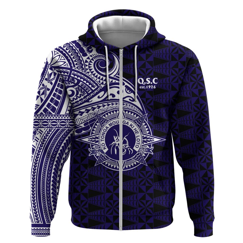 Tonga Queen Salote College 100th Years Hoodie Est 1926 Tongan Ngatu Tapa LT9 Zip Hoodie Blue - Polynesian Pride