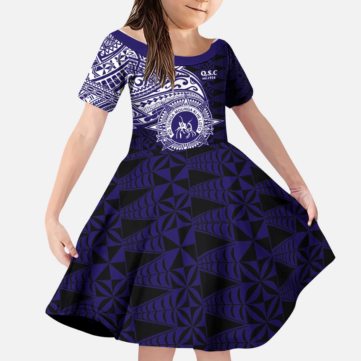 Tonga Queen Salote College 100th Years Kid Short Sleeve Dress Est 1926 Tongan Ngatu Tapa LT9 KID Blue - Polynesian Pride