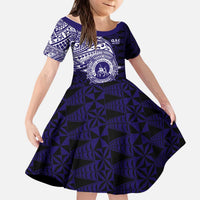 Tonga Queen Salote College 100th Years Kid Short Sleeve Dress Est 1926 Tongan Ngatu Tapa LT9 KID Blue - Polynesian Pride
