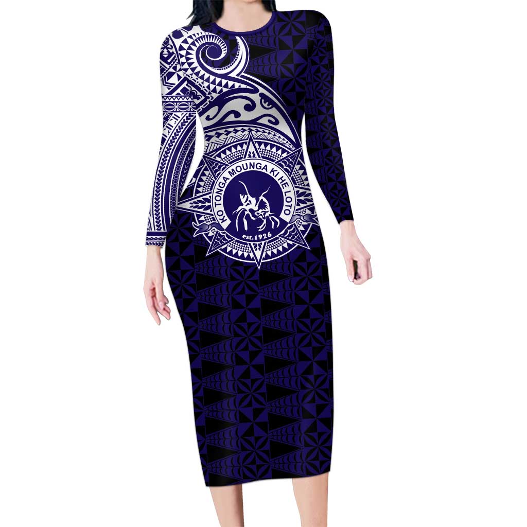 Tonga Queen Salote College 100th Years Long Sleeve Bodycon Dress Est 1926 Tongan Ngatu Tapa LT9 Long Dress Blue - Polynesian Pride