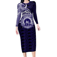 Tonga Queen Salote College 100th Years Long Sleeve Bodycon Dress Est 1926 Tongan Ngatu Tapa LT9 Long Dress Blue - Polynesian Pride