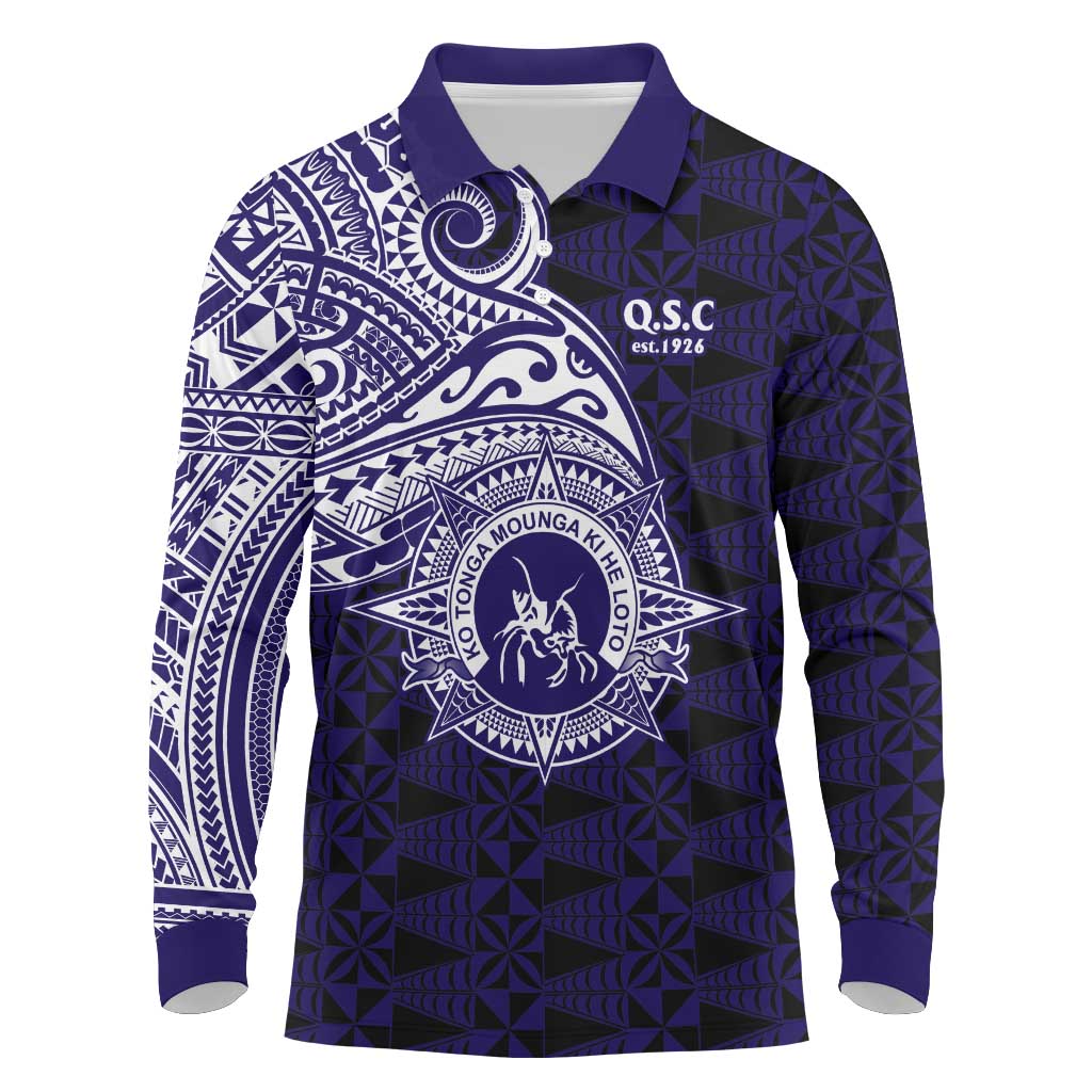 Tonga Queen Salote College 100th Years Long Sleeve Polo Shirt Est 1926 Tongan Ngatu Tapa LT9 Blue - Polynesian Pride