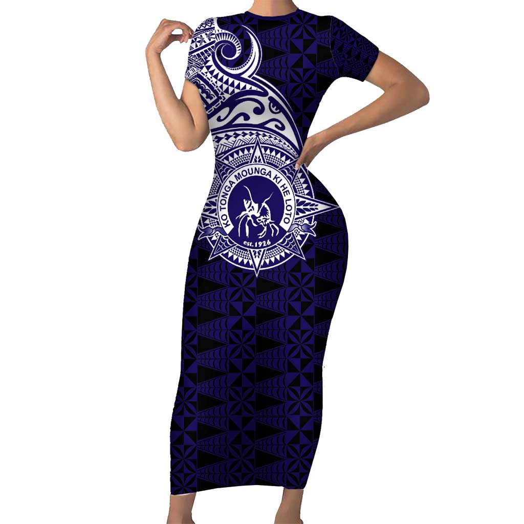 Tonga Queen Salote College 100th Years Short Sleeve Bodycon Dress Est 1926 Tongan Ngatu Tapa LT9 Long Dress Blue - Polynesian Pride