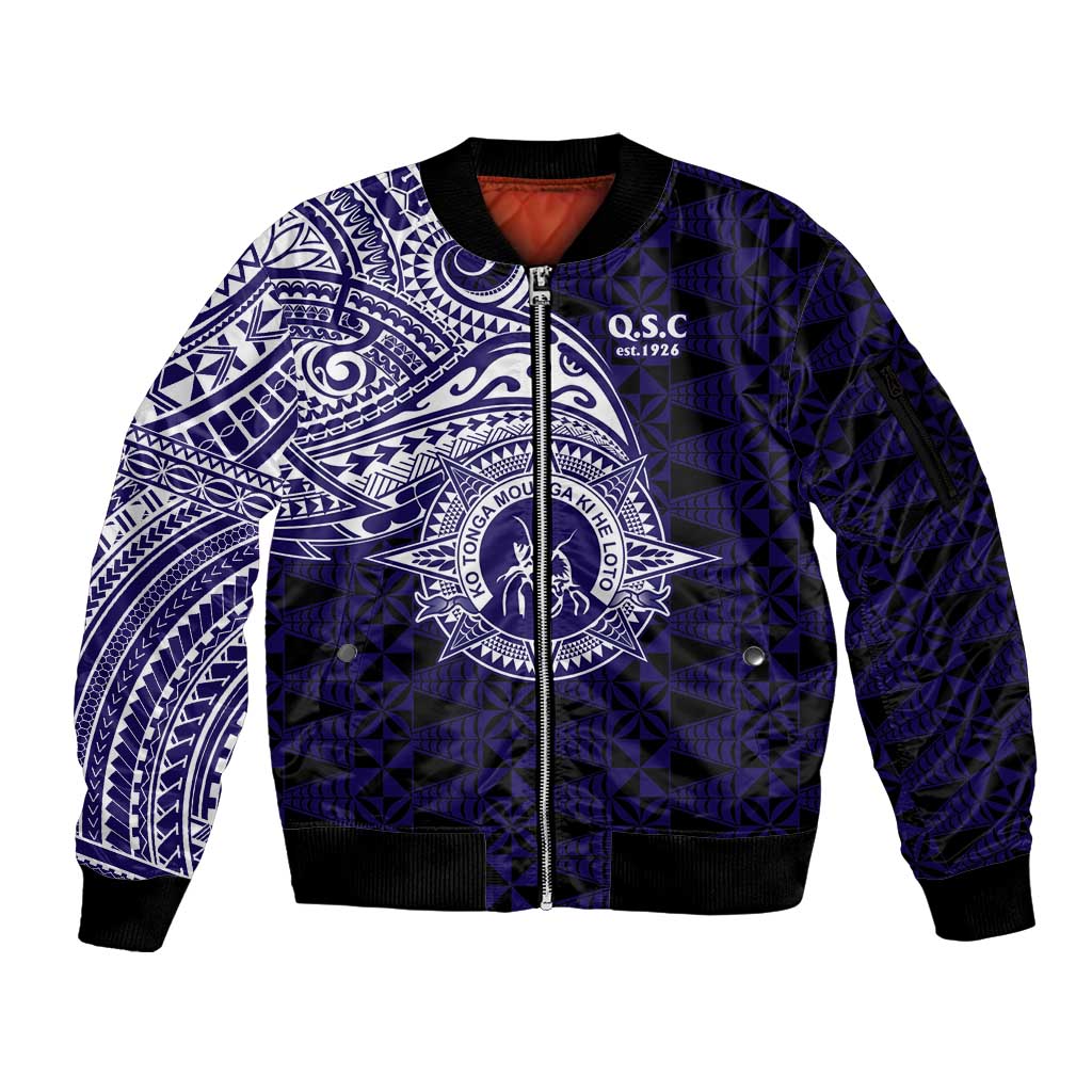 Tonga Queen Salote College 100th Years Sleeve Zip Bomber Jacket Est 1926 Tongan Ngatu Tapa LT9 Unisex Blue - Polynesian Pride