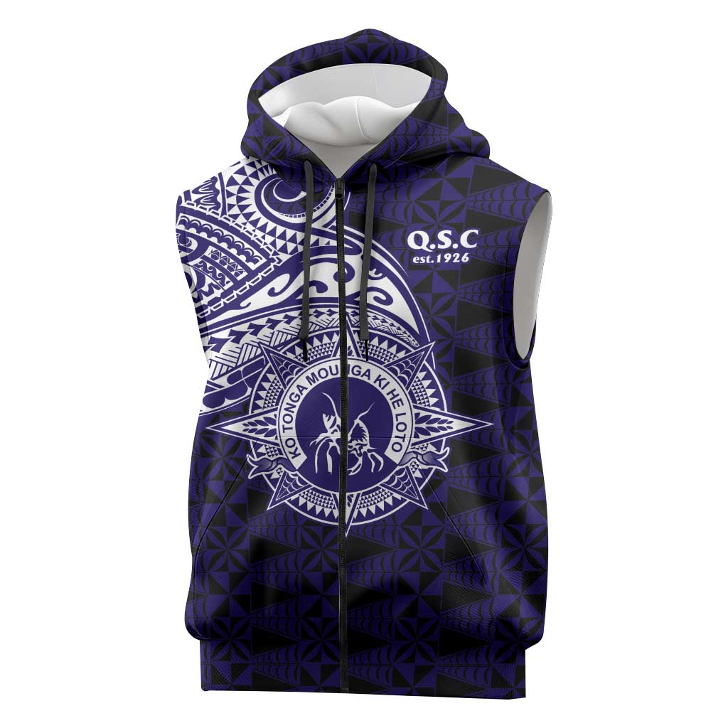 Tonga Queen Salote College 100th Years Sleeveless Zip Hoodie Est 1926 Tongan Ngatu Tapa LT9 Blue - Polynesian Pride