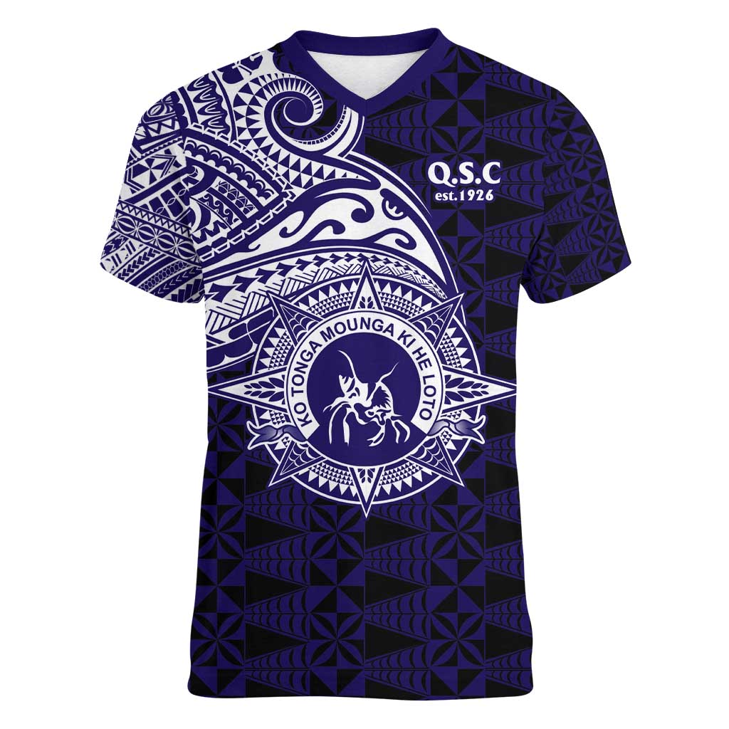 Tonga Queen Salote College 100th Years Women V-Neck T-Shirt Est 1926 Tongan Ngatu Tapa LT9 Female Blue - Polynesian Pride