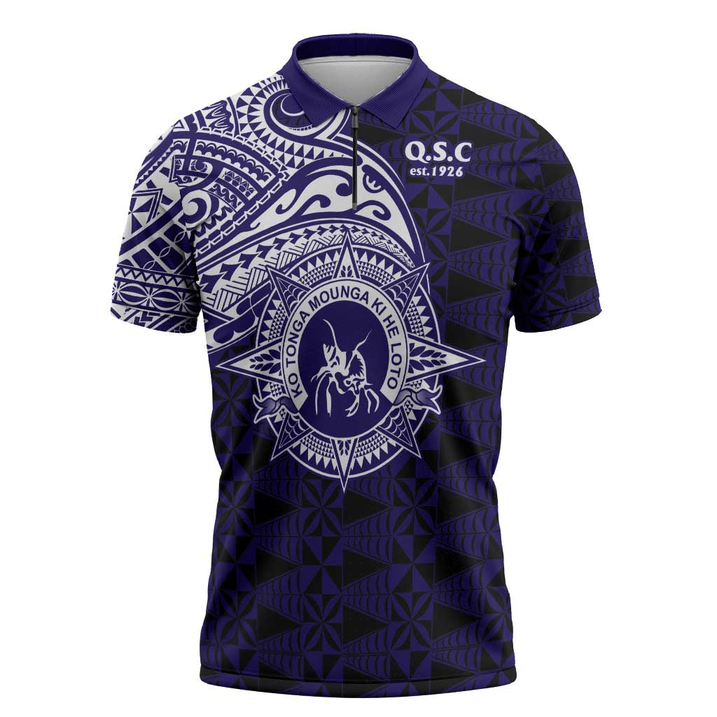 Tonga Queen Salote College 100th Years Zipper Polo Shirt Est 1926 Tongan Ngatu Tapa LT9 Blue - Polynesian Pride