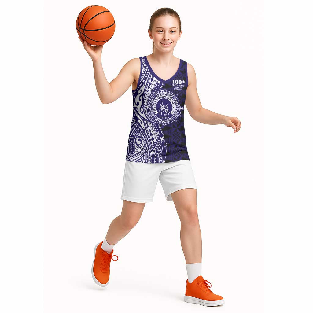 Tonga Queen Salote College 100th Years Basketball Jersey Blue Tonga Kupesi Uniquely Pacific Art - Polynesian Pride