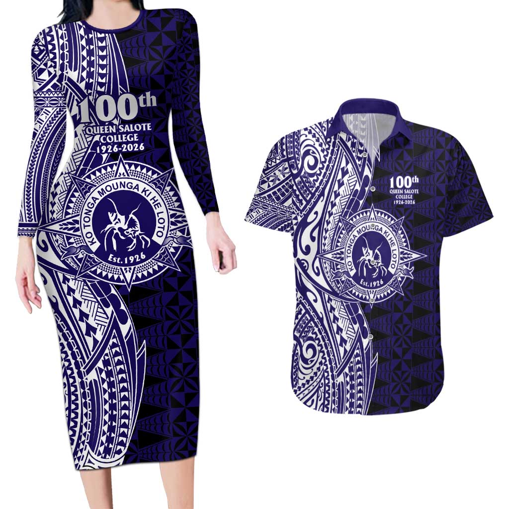 Tonga Queen Salote College 100th Years Couples Matching Long Sleeve Bodycon Dress and Hawaiian Shirt Blue Tonga Kupesi Uniquely Pacific Art LT9 Blue - Polynesian Pride