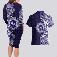 Tonga Queen Salote College 100th Years Couples Matching Long Sleeve Bodycon Dress and Hawaiian Shirt Blue Tonga Kupesi Uniquely Pacific Art LT9 - Polynesian Pride