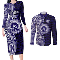 Tonga Queen Salote College 100th Years Couples Matching Long Sleeve Bodycon Dress and Long Sleeve Button Shirt Blue Tonga Kupesi Uniquely Pacific Art LT9 Blue - Polynesian Pride