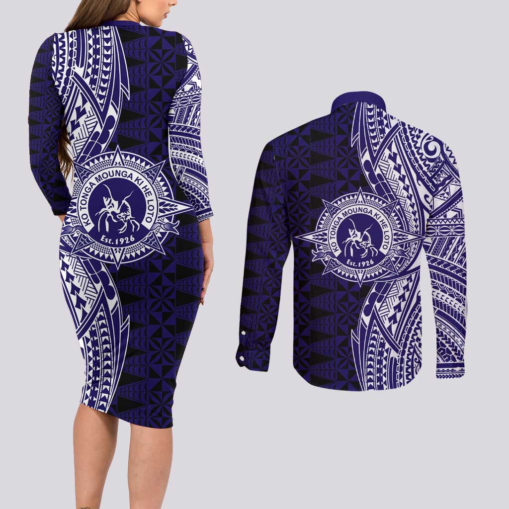 Tonga Queen Salote College 100th Years Couples Matching Long Sleeve Bodycon Dress and Long Sleeve Button Shirt Blue Tonga Kupesi Uniquely Pacific Art LT9 - Polynesian Pride