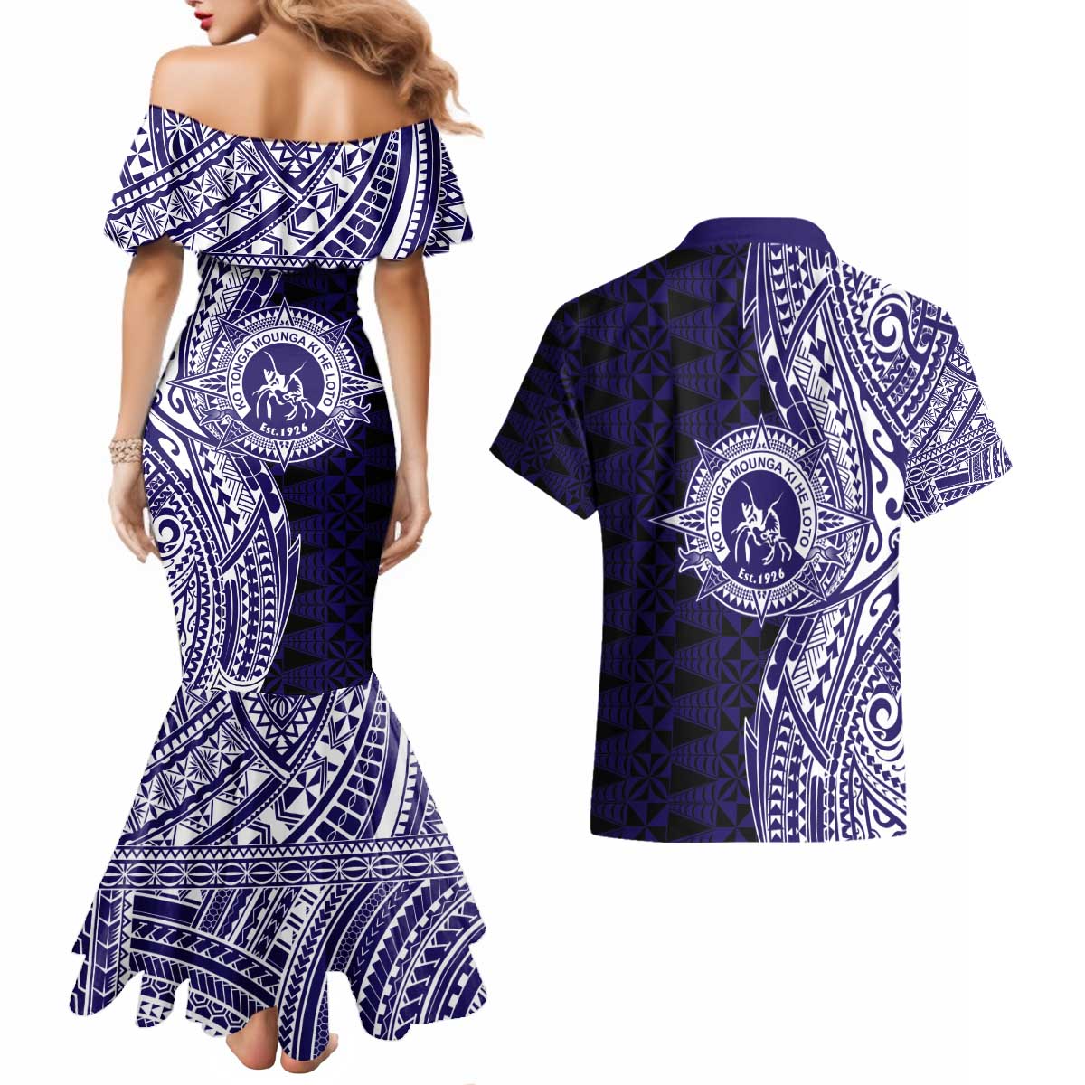 Tonga Queen Salote College 100th Years Couples Matching Mermaid Dress and Hawaiian Shirt Blue Tonga Kupesi Uniquely Pacific Art LT9 - Polynesian Pride